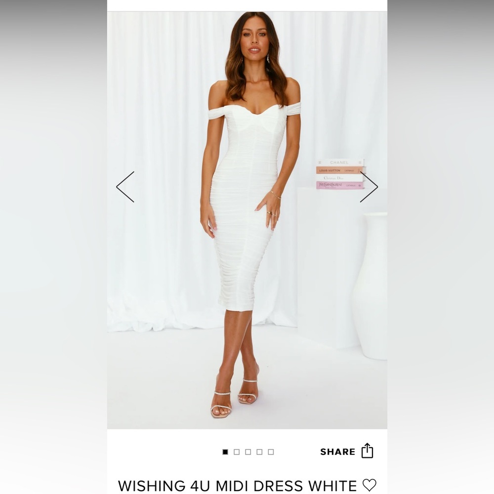 Hello Molly white ruched off the shoulder midi dress. Size small.